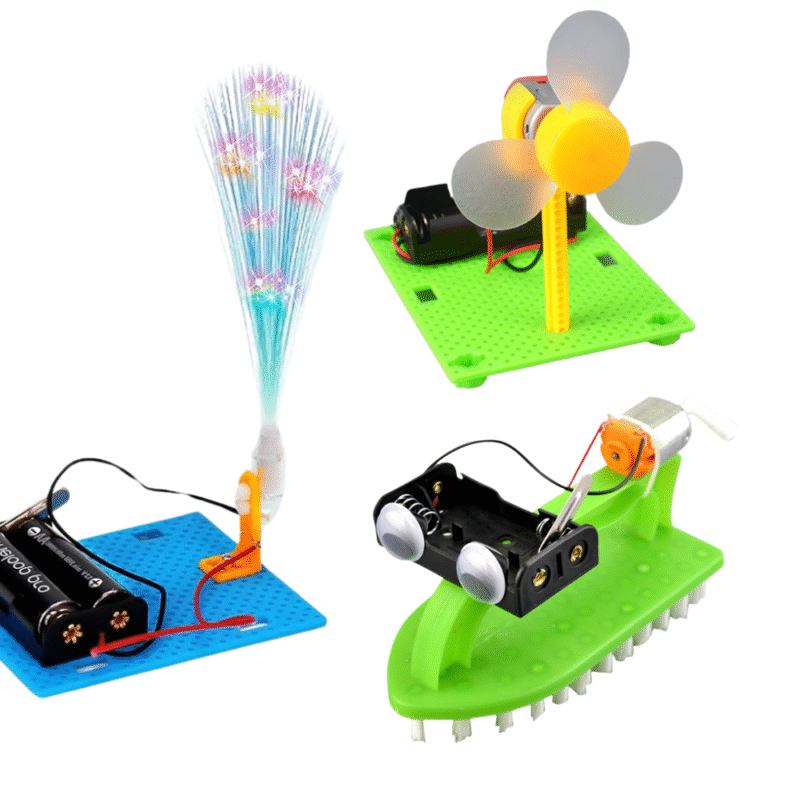 STEM engineering kit with 3 projects for kids – solar powered buggy, fibre optic lamp, and bristle bot robot.