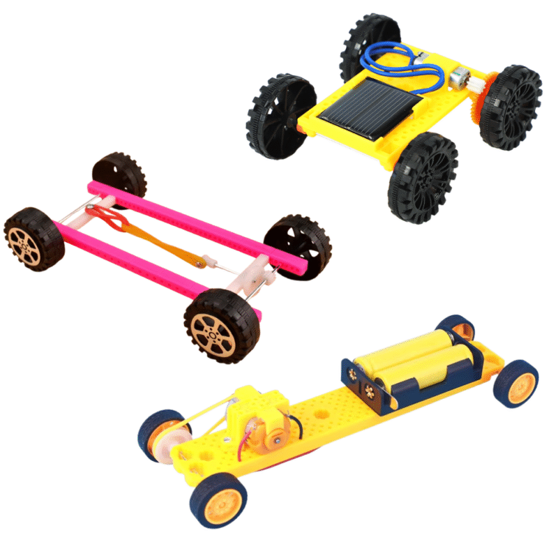 STEM engineering kit box with 3 vehicle projects for kids – rubber band car, electric pulley scooter, and solar buggy.