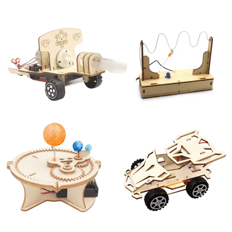 STEM engineering kit for kids with 4 projects – 4WD car, steady hand game, rotating solar system, and shooting air cannon.