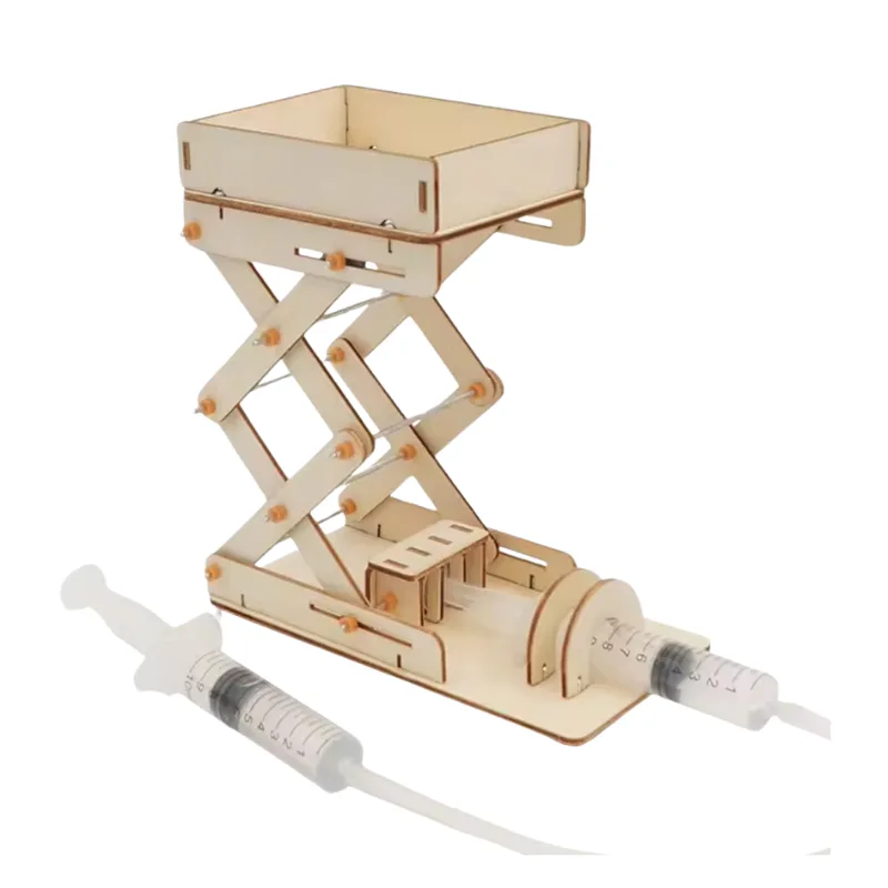 Hydraulic Lift STEM kit with wooden lift structure and syringe-powered hydraulic system