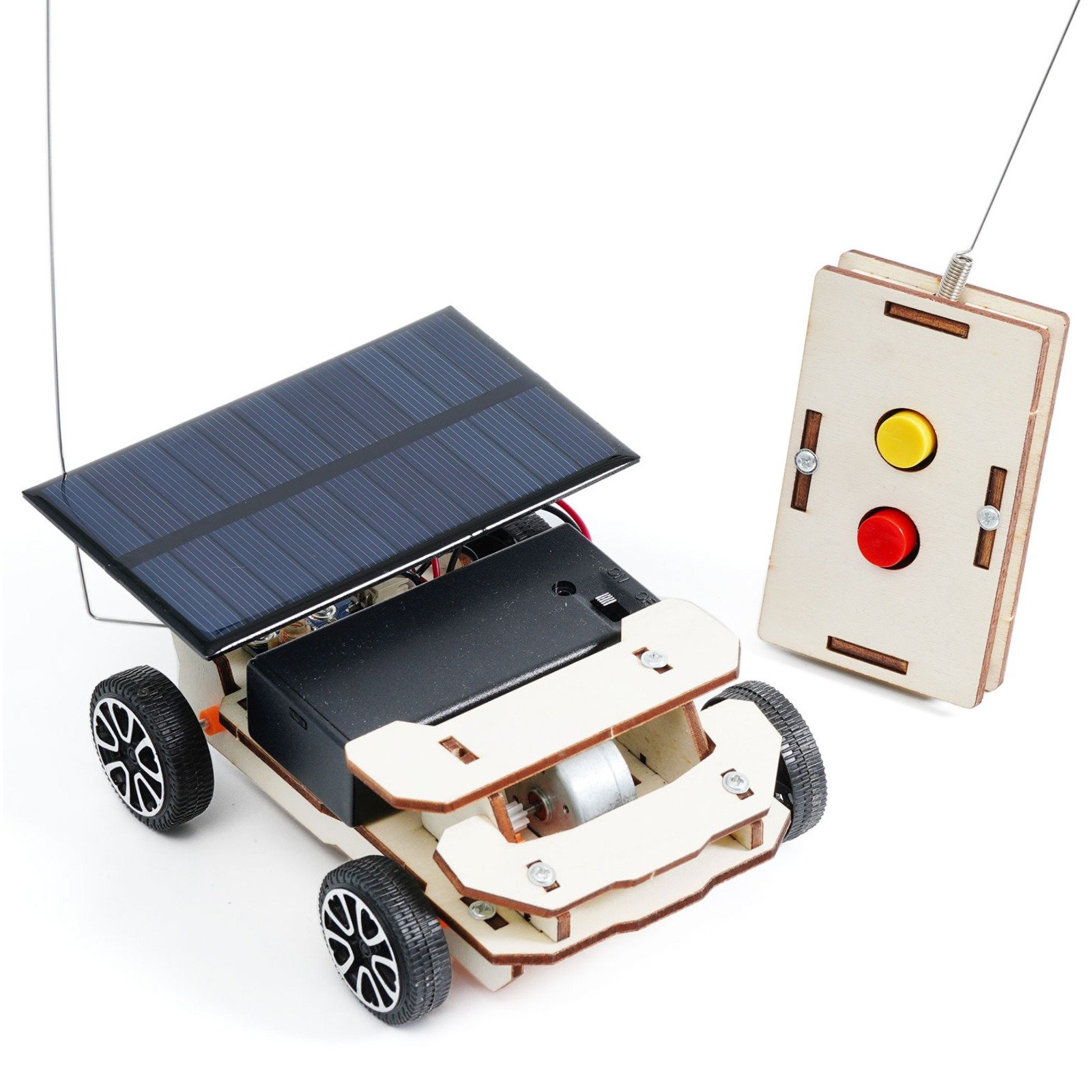Child building a Remote Controlled Solar Race Car STEM engineering kit with working solar panel and wireless remote control.