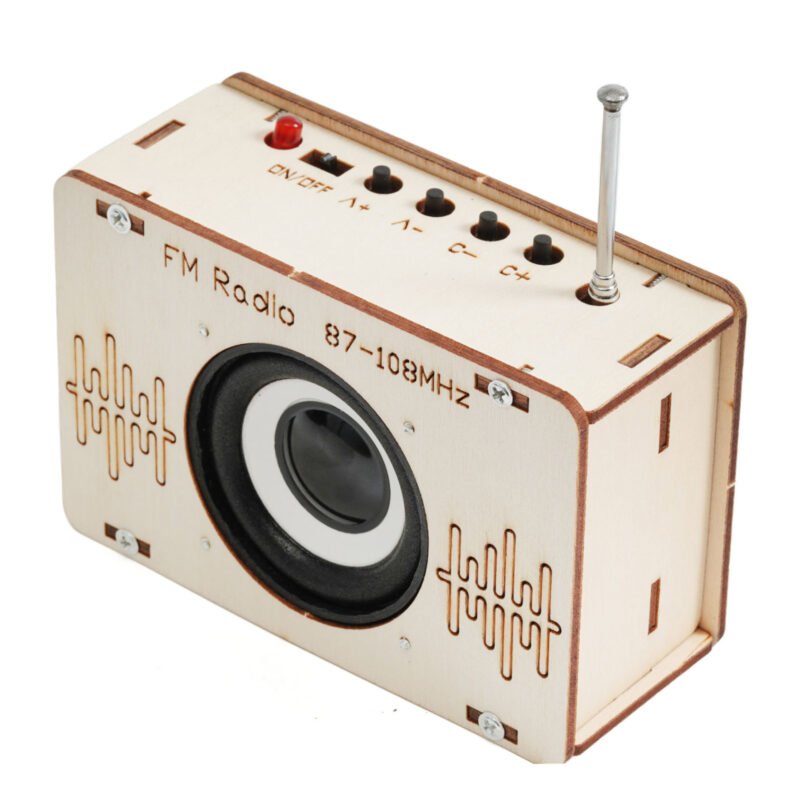 Child-built DIY FM Radio STEM engineering kit with working speaker and telescopic antenna.