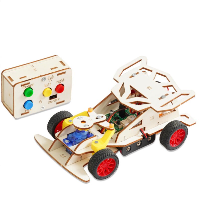 Child-built Advanced 4-Wheel Drive Remote Control Car STEM engineering kit with wireless remote and working steering.